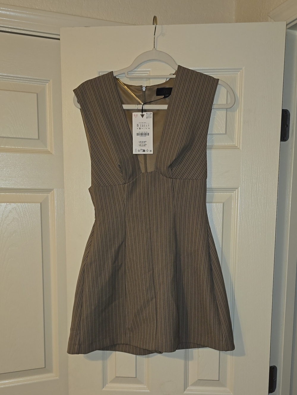 Zara Brown Pinstripe V-Neck Mini Dress